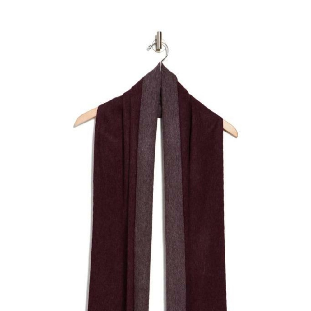 $198 - Qi Unisex Cashmere Burgundy/Grey Double Faced Fringe Scarf 70" L x 14" W - Picture 2 of 5